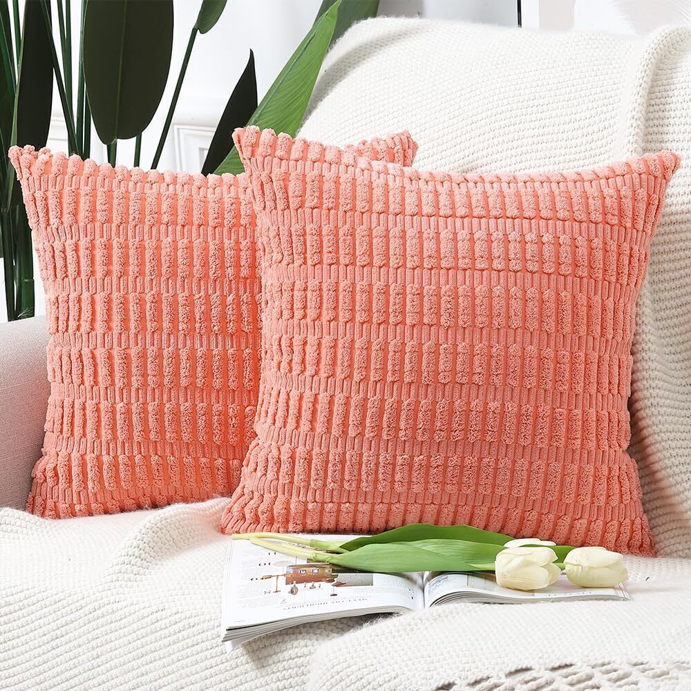 6453 Pack of 2 Boho Striped Corduroy Throw Pillow Covers 24x24 Inch Coral